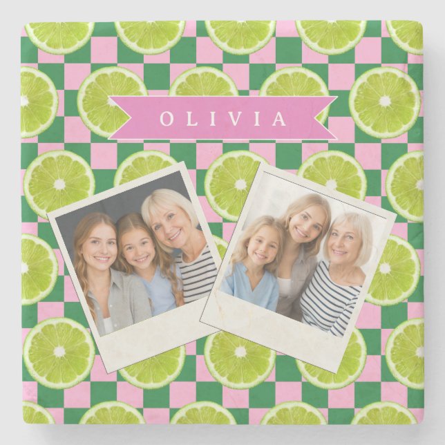 Personalized Lime Gingham Citrus Custom Name Stone Coaster (Front)