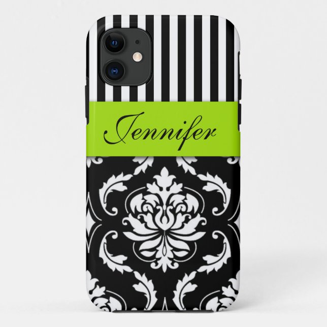 PERSONALIZED LIME GREEN, BLACK DAMASK STRIPED Case-Mate iPhone CASE (Back)