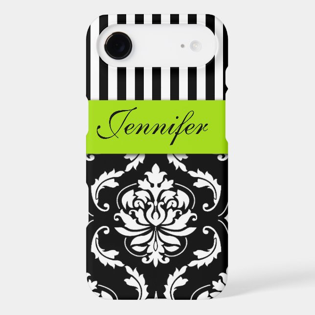 PERSONALIZED LIME GREEN, BLACK DAMASK STRIPED Case-Mate iPhone CASE (Back)