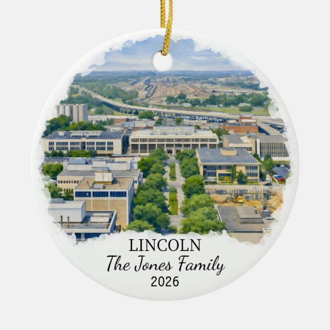Personalized Lincoln Ornament, Custom Nebraska Ceramic Tree Decoration (Front)