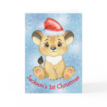 Personalized Lion 1st Christmas Baby Boy Blue Card