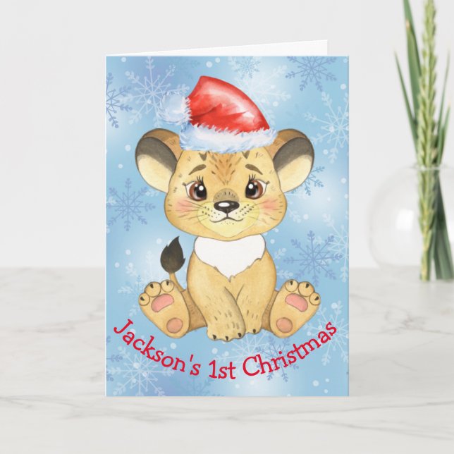 Personalized Lion 1st Christmas Baby Boy Blue Card (Front)