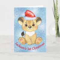 Personalized Lion 1st Christmas Baby Boy Blue Card