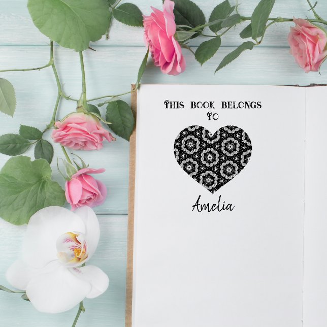 Personalized Love Heart Bookplate Rubber Stamp (Show your books some love with a cute personalised love heart bookplate stamp)
