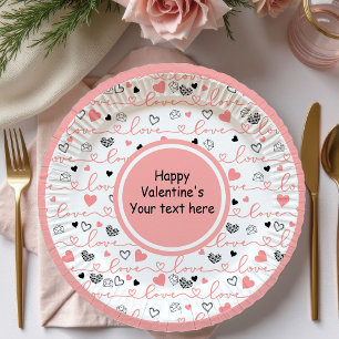 Personalized Love Text Pink Black Hearts Party   Paper Plate