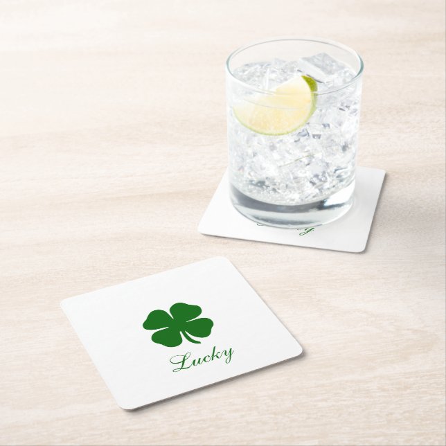 Personalized Lucky Green Clover Square Paper Coaster (Insitu)