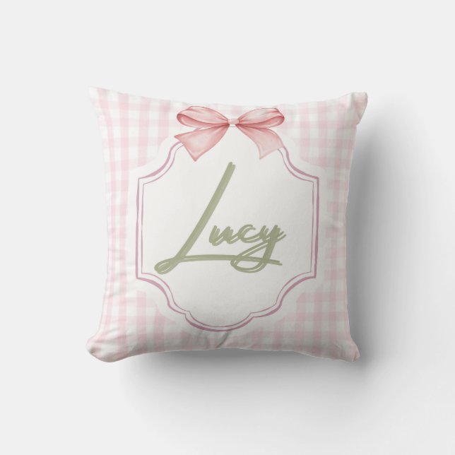 Personalized Lucy Baby Girl Nursery Bow&Gingham Cushion (Front)