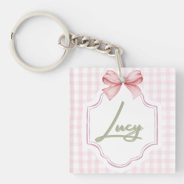 Personalized Lucy Baby Girl Nursery Bow&Gingham Key Ring (Front)