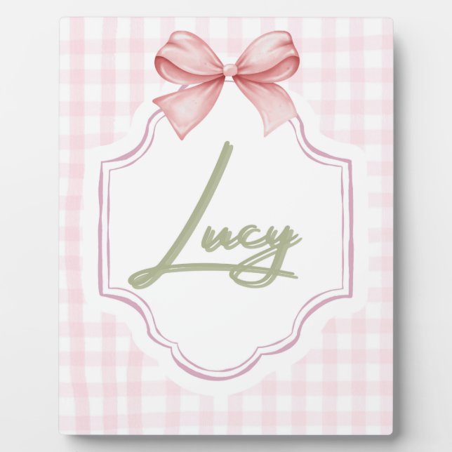 Personalized Lucy Baby Girl Nursery Bow&Gingham Plaque (Front)