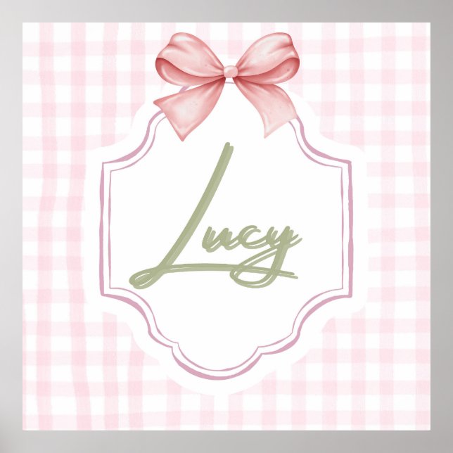 Personalized Lucy Baby Girl Nursery Bow&Gingham Poster (Front)