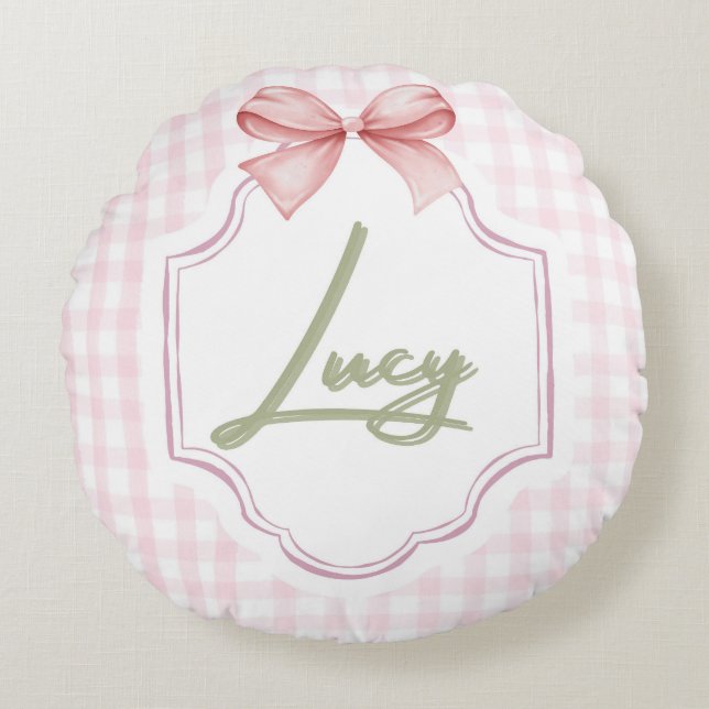 Personalized Lucy Baby Girl Nursery Bow&Gingham Round Cushion (Front)