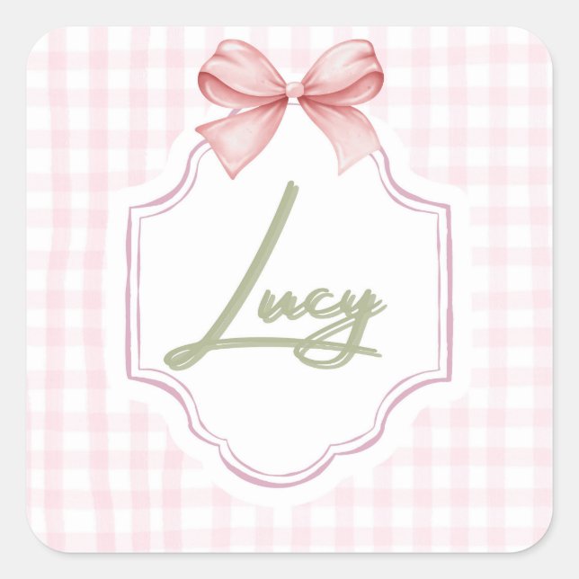 Personalized Lucy Baby Girl Nursery Bow&Gingham Square Sticker (Front)