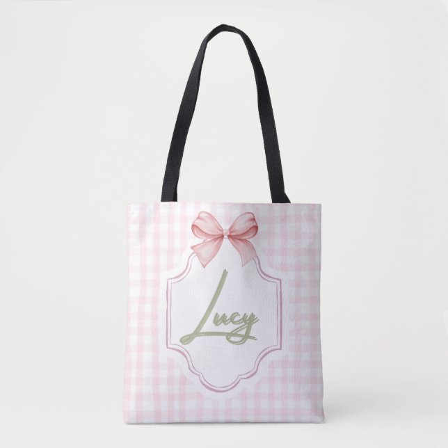 Personalized Lucy Baby Girl Nursery Bow&Gingham Tote Bag (Front)