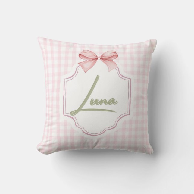 Personalized Luna Baby Girl Nursery Bow & Gingham  Cushion (Front)