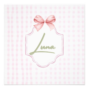 Personalized Luna Baby Girl Nursery Bow & Gingham Photo Print