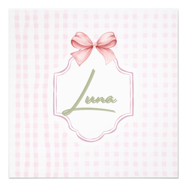 Personalized Luna Baby Girl Nursery Bow & Gingham  Photo Print (Front)