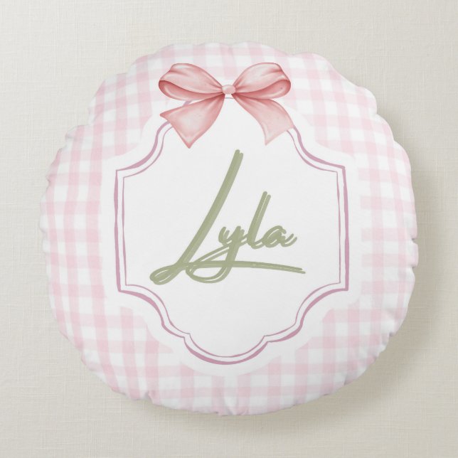 Personalized Lyla Baby Girl Nursery Bow&Gingham Round Cushion (Front)