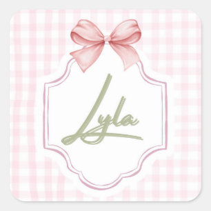 Personalized Lyla Baby Girl Nursery Bow&Gingham Square Sticker
