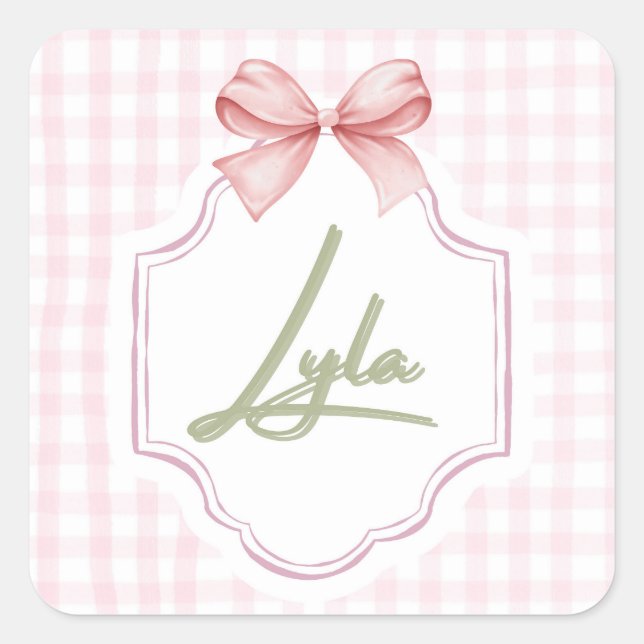 Personalized Lyla Baby Girl Nursery Bow&Gingham Square Sticker (Front)