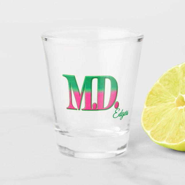 Personalized 'M.D.' Pink and Green Shot Glass  (Front)