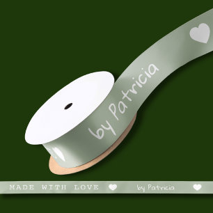 Personalized Made With Love Green And White Heart Satin Ribbon