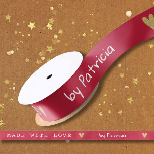 Personalized Made With Love Red And Gold Heart Satin Ribbon