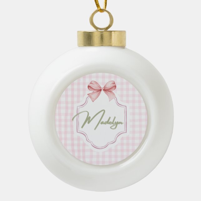 Personalized Madeline Baby Girl Nursery BowGingham Ceramic Ball Christmas Ornament (Front)