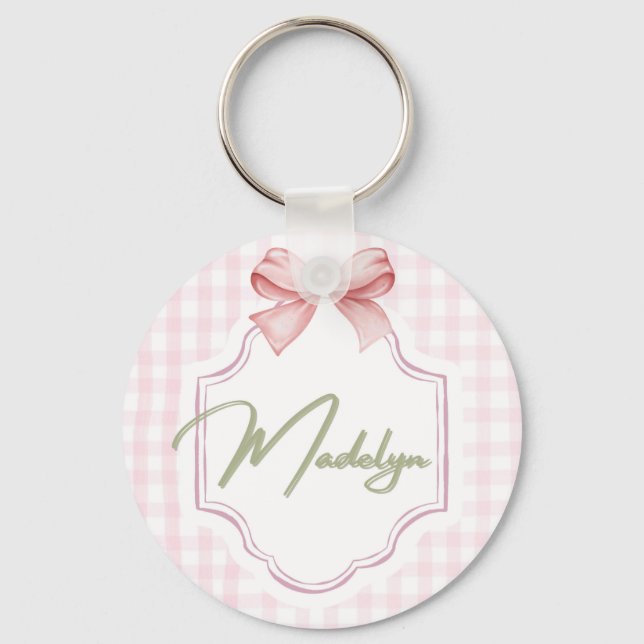 Personalized Madeline Baby Girl Nursery BowGingham Key Ring (Front)