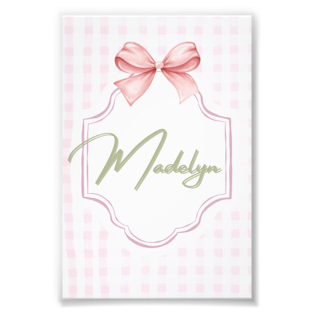 Personalized Madeline Baby Girl Nursery BowGingham Photo Print (Front)