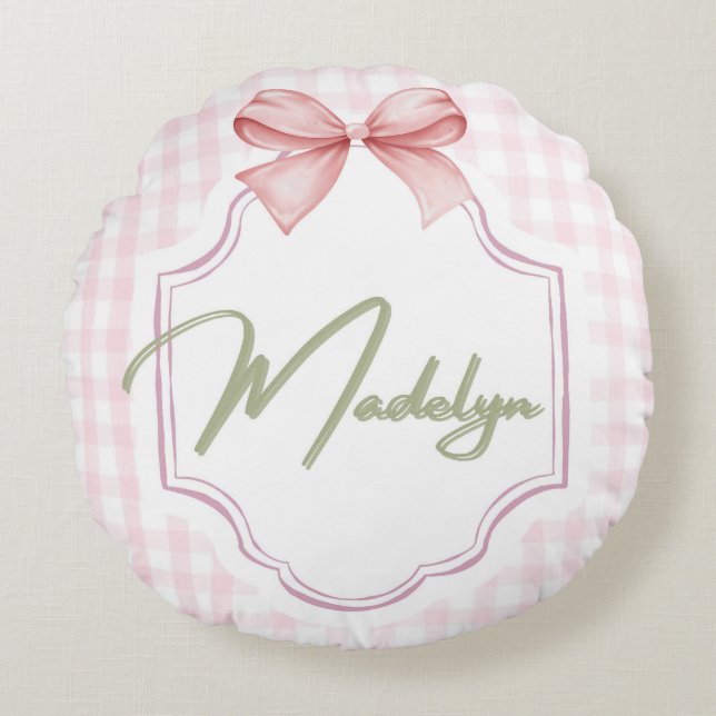 Personalized Madeline Baby Girl Nursery BowGingham Round Cushion (Front)