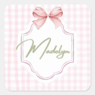 Personalized Madeline Baby Girl Nursery BowGingham Square Sticker