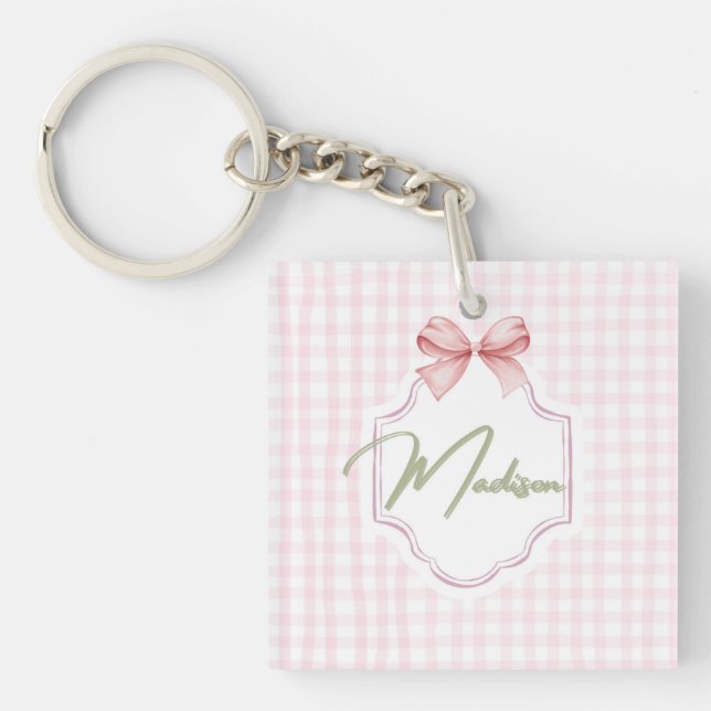 Personalized Madison Baby Girl Nursery Bow&Gingham Key Ring (Front)