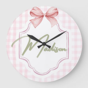 Personalized Madison Baby Girl Nursery Bow&Gingham Large Clock