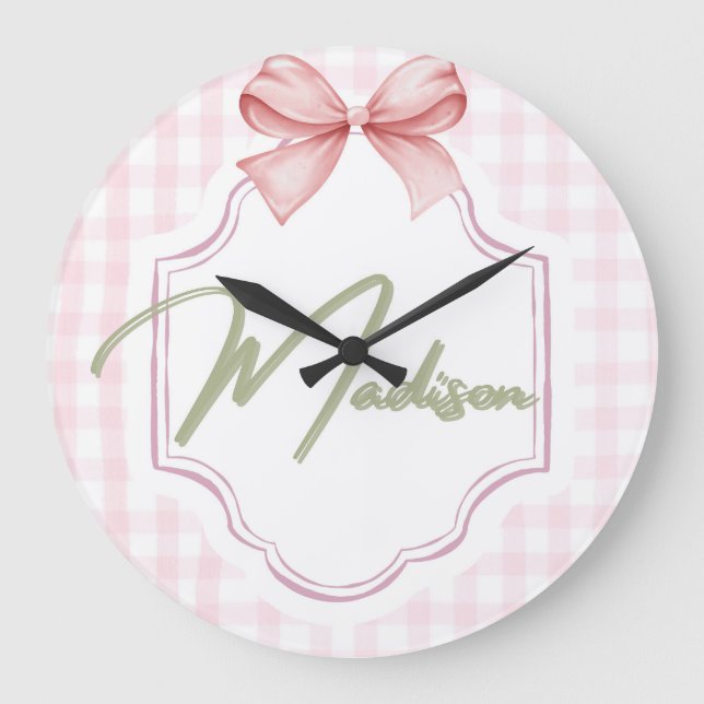 Personalized Madison Baby Girl Nursery Bow&Gingham Large Clock (Front)