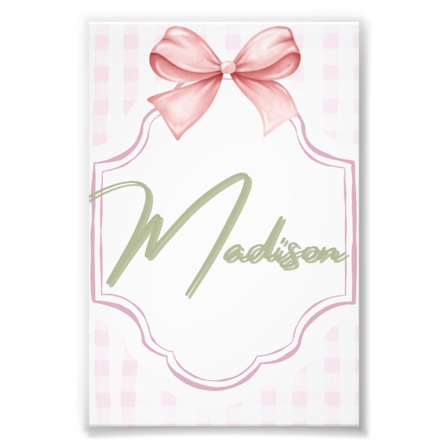 Personalized Madison Baby Girl Nursery Bow&Gingham Photo Print (Front)