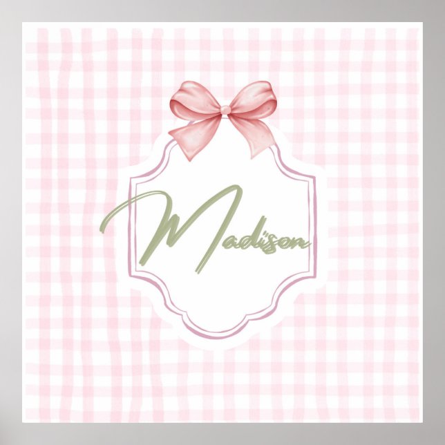 Personalized Madison Baby Girl Nursery Bow&Gingham Poster (Front)