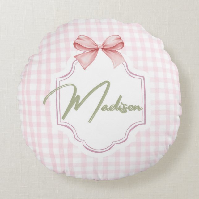 Personalized Madison Baby Girl Nursery Bow&Gingham Round Cushion (Front)
