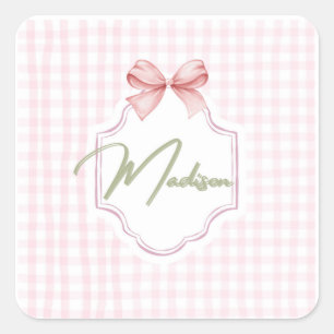 Personalized Madison Baby Girl Nursery Bow&Gingham Square Sticker
