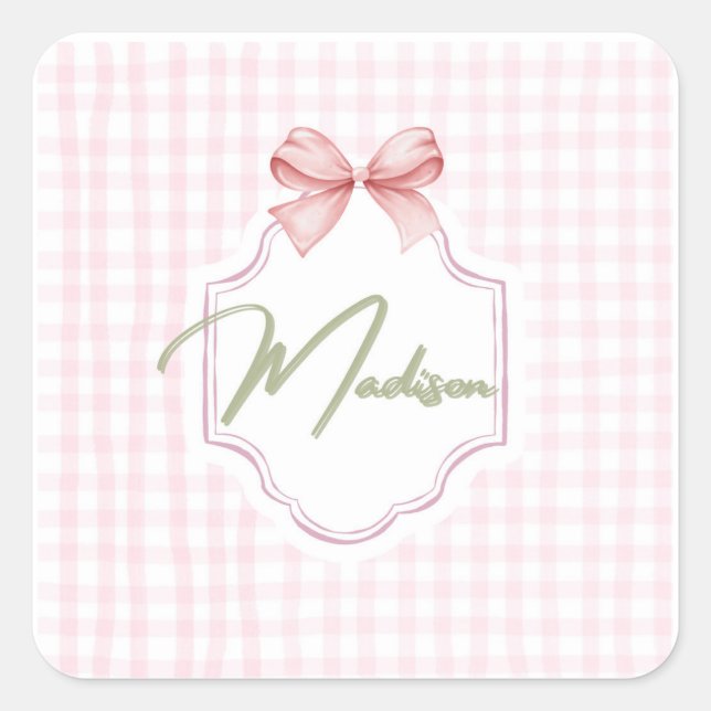 Personalized Madison Baby Girl Nursery Bow&Gingham Square Sticker (Front)