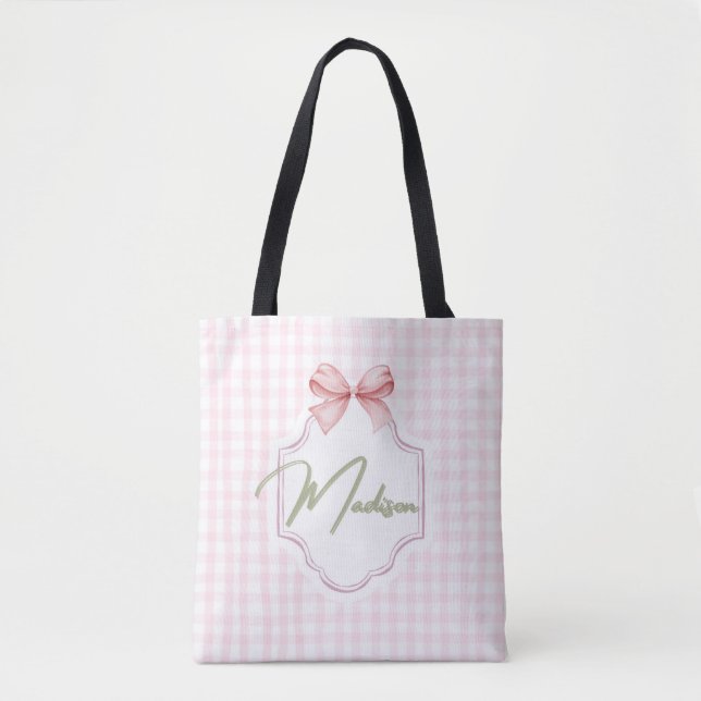 Personalized Madison Baby Girl Nursery Bow&Gingham Tote Bag (Front)