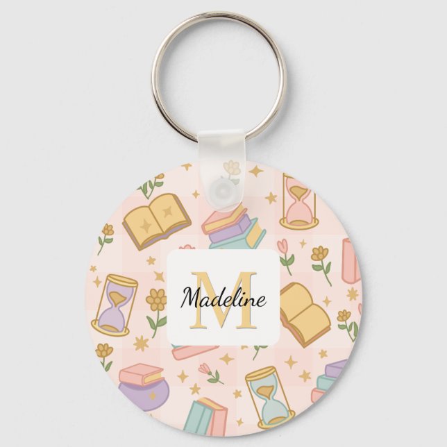 Personalized Magic Books Girl Wizard School Pink Key Ring (Front)
