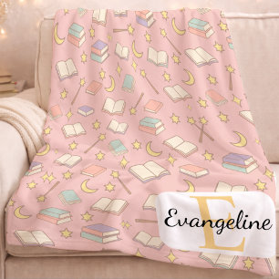 Personalized Magical Book Aesthetic Pattern Pink Fleece Blanket