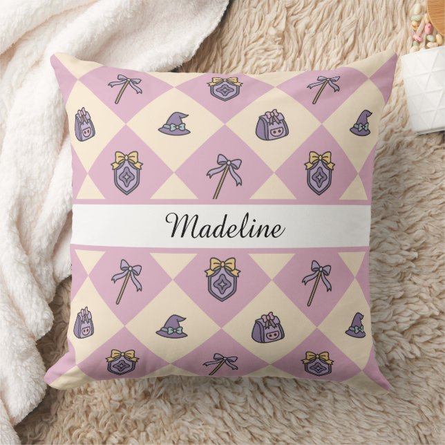 Personalized Magical Girl Name Pink Checkered Cushion (Blanket)