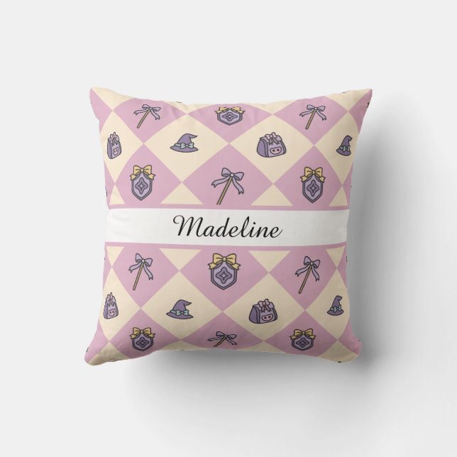 Personalized Magical Girl Name Pink Checkered Cushion (Back)