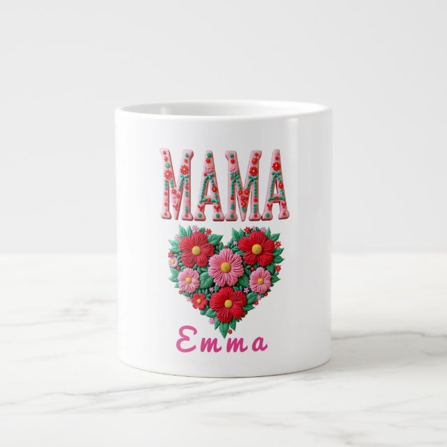 Personalized Mama Heart Floral Custom Gift Large Coffee Mug (Front)