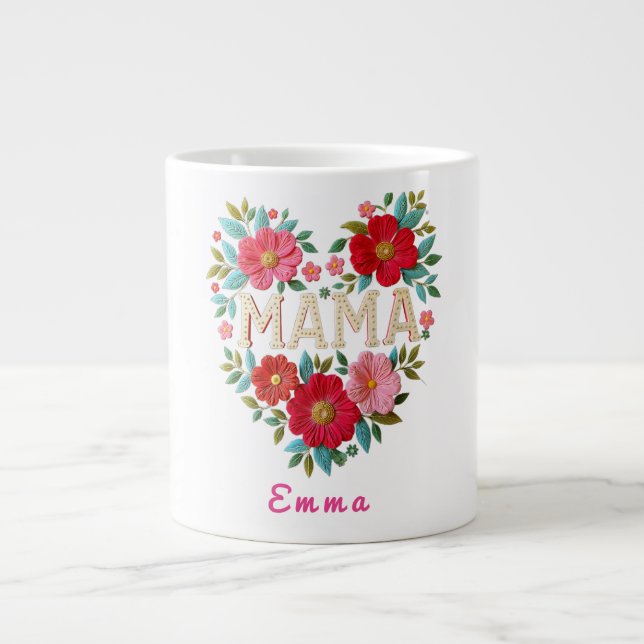 Personalized Mama Heart Floral Custom Gift Large Coffee Mug (Front)