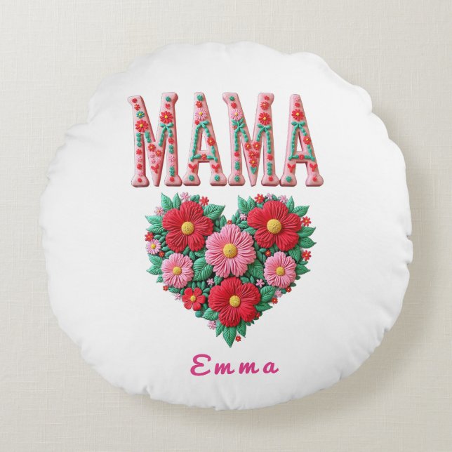 Personalized Mama Heart Floral Custom Gift Round Cushion (Front)