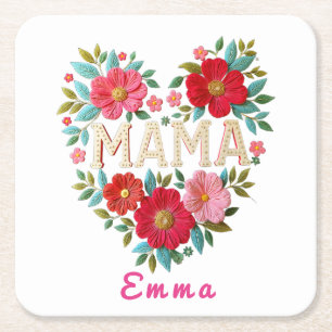 Personalized Mama Heart Floral Custom Gift Square Paper Coaster