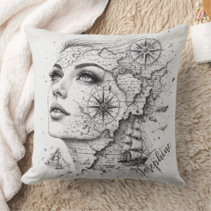 Personalized Map Compass Woman Art Vintage Chic Cushion