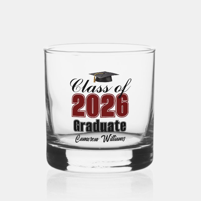 Personalized Maroon Black Class of 2026 Graduation Whiskey Glass (Front)